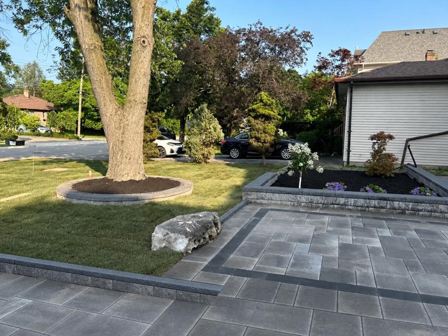 Backyard with a mature tree, stone patio and lawn