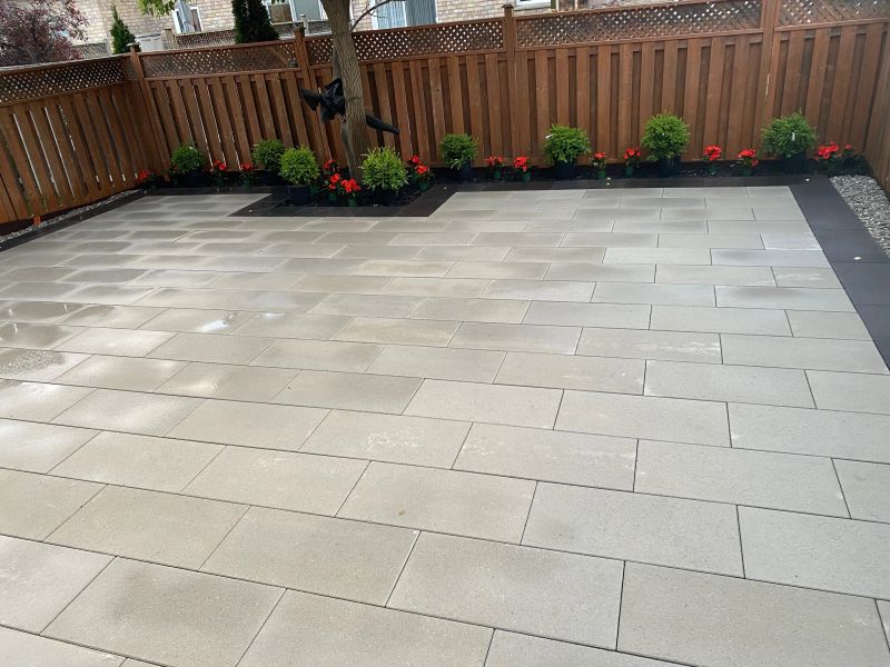 Backyard interlock patio with planters